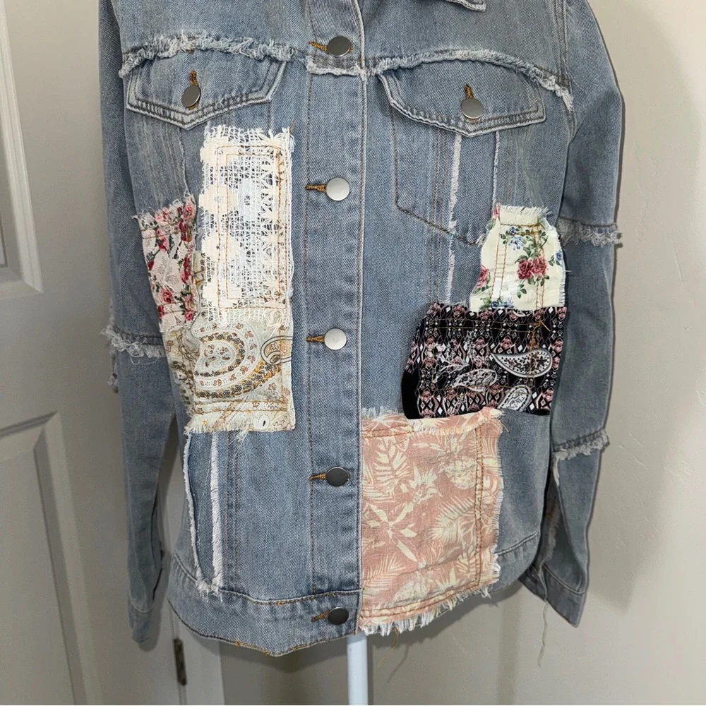 Patchwork Denim and Lace Jacket Distressed Boho Denim Shacket Mixed Floral Lace - Picture 7 of 17